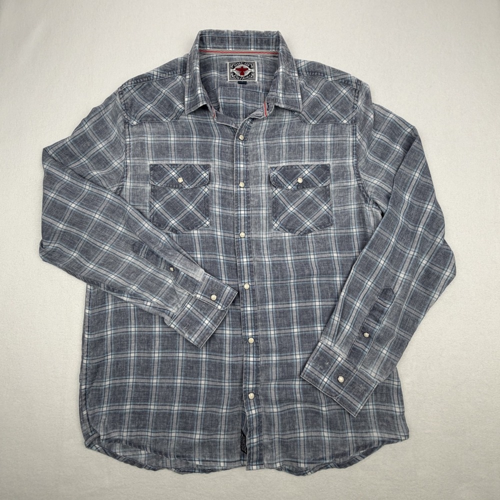 Desert Son Flag & Anthem Mens Blue Grey Plaid Western Pearl Snap Shirt Large